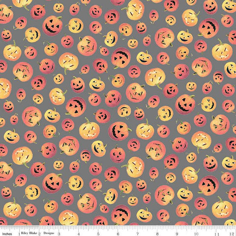 Fat Quarter End of Bolt - CLEARANCE Fright Delight Pumpkins C13231 Gray - Riley Blake  - Halloween Jack-o'-Lanterns - Quilting Cotton