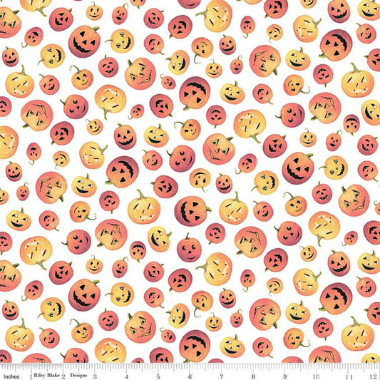 DEAL Fright Delight Pumpkins C13231 White - Riley Blake Designs - Halloween Jack-o'-Lanterns - Quilting Cotton Fabric