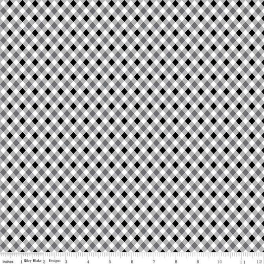 12" End of Bolt - Fright Delight Plaid C13235 Black - Riley Blake Designs - Halloween Diagonal Black White Gray - Quilting Cotton Fabric