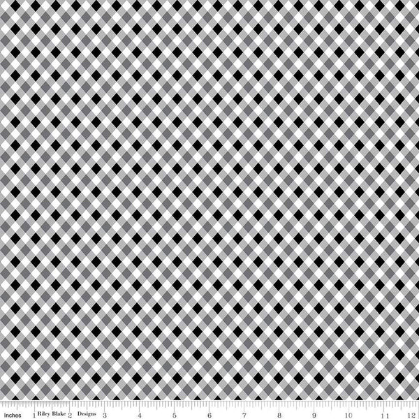 Fright Delight Plaid C13235 Black - Riley Blake Designs - Halloween Diagonal Black White Gray - Quilting Cotton Fabric