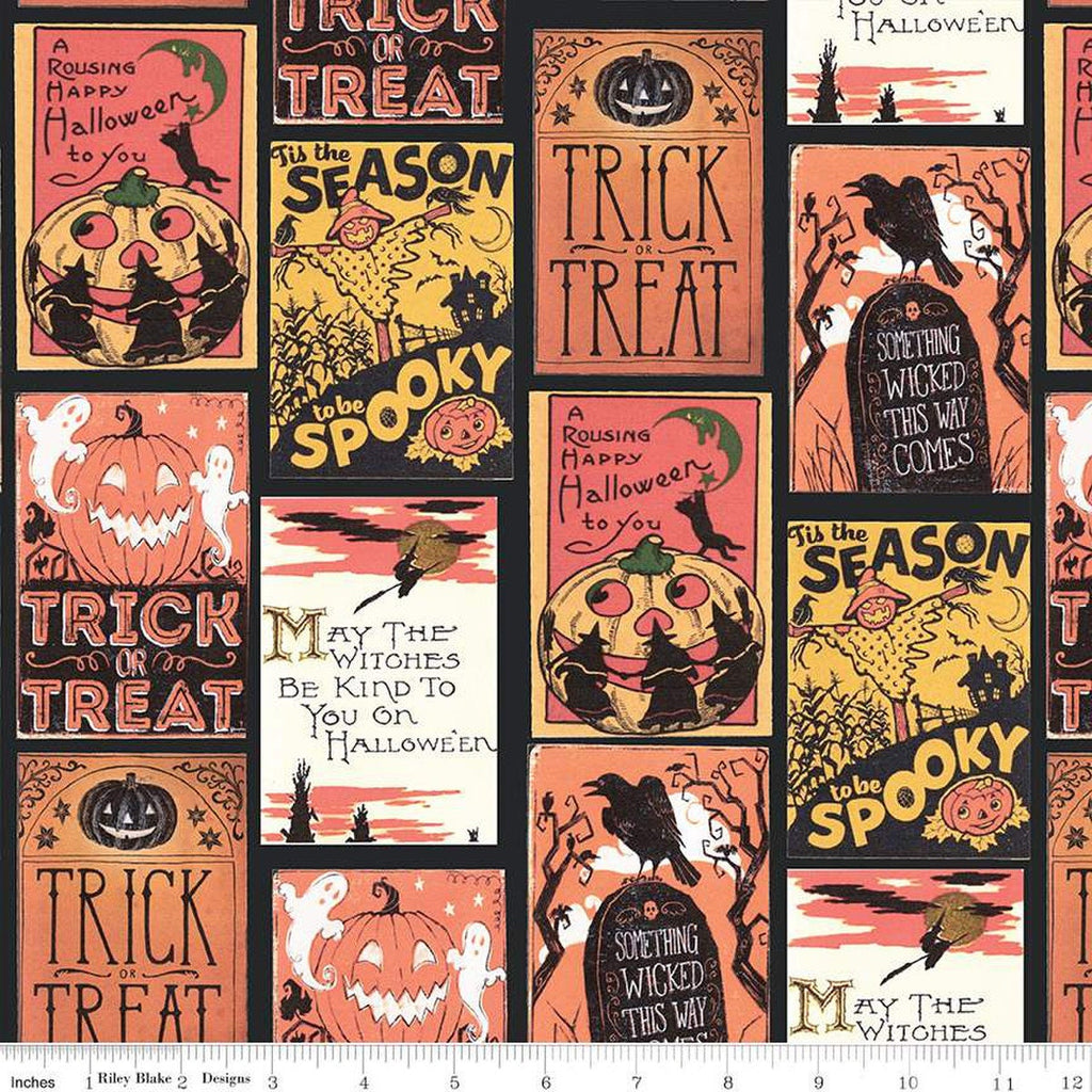 SALE Fright Delight Cards C13236 Black - Riley Blake Designs - Halloween Vintage - Quilting Cotton Fabric