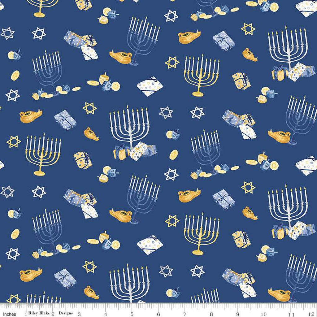 SALE Hanukkah Nights Main C13430 Blue - Riley Blake Designs - Menorahs Gifts Stars of David Dreidels - Quilting Cotton Fabric