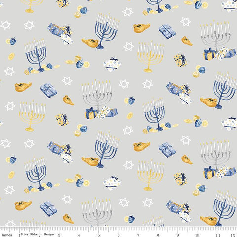CLEARANCE Hanukkah Nights Main C13430 Gray - Riley Blake Designs - Menorahs Gifts Stars of David Dreidels - Quilting Cotton Fabric