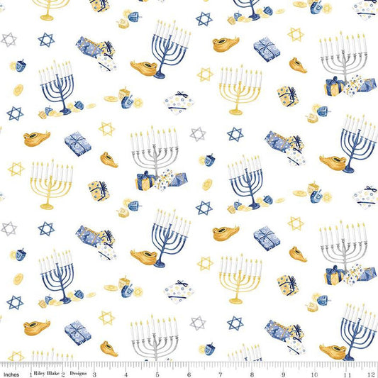 SALE Hanukkah Nights Main C13430 White - Riley Blake Designs - Menorahs Gifts Stars of David Dreidels - Quilting Cotton Fabric