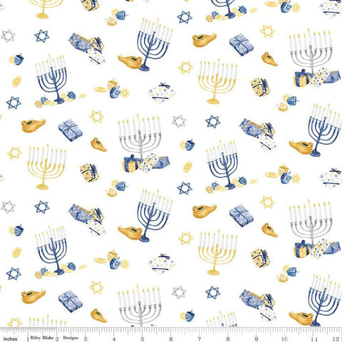 SALE Hanukkah Nights Main C13430 White - Riley Blake Designs - Menorahs Gifts Stars of David Dreidels - Quilting Cotton Fabric