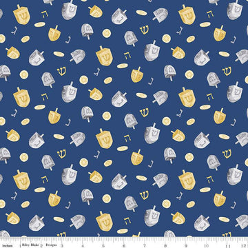 SALE Hanukkah Nights Dreidels C13431 Blue - Riley Blake Designs - Stars of David Dreidels - Quilting Cotton Fabric