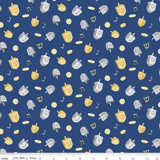 SALE Hanukkah Nights Dreidels C13431 Blue - Riley Blake Designs - Stars of David Dreidels - Quilting Cotton Fabric