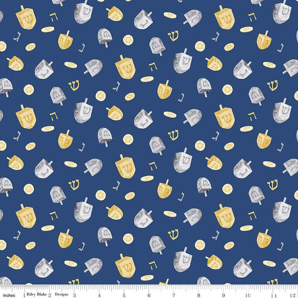 Hanukkah Nights Dreidels C13431 Blue - Riley Blake Designs - Stars of David Dreidels - Quilting Cotton Fabric