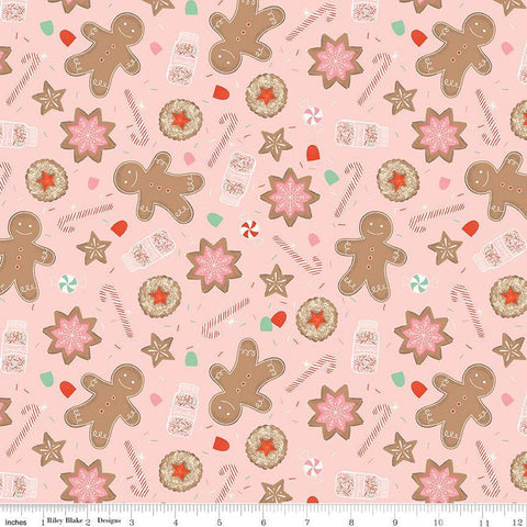 9" End of Bolt - Holiday Cheer Main C13610 Pink - Riley Blake Designs - Christmas Gingerbread Cookies Candy Canes - Quilting Cotton Fabric
