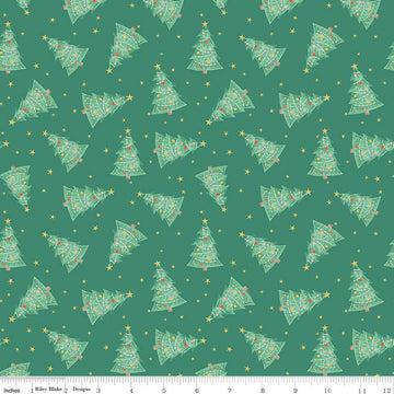 15" End of Bolt Piece - Holiday Cheer Trees C13612 Green - Riley Blake Designs - Christmas Trees Stars - Quilting Cotton Fabric