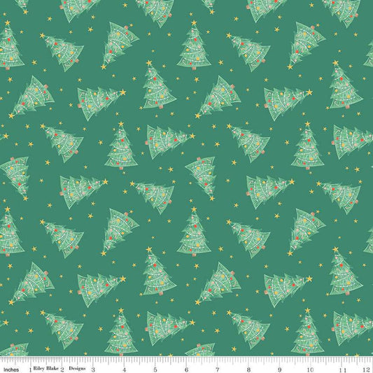 15" End of Bolt Piece - Holiday Cheer Trees C13612 Green - Riley Blake Designs - Christmas Trees Stars - Quilting Cotton Fabric