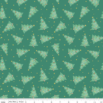 11" End of Bolt Piece - Holiday Cheer Trees C13612 Green - Riley Blake Designs - Christmas Trees Stars - Quilting Cotton Fabric