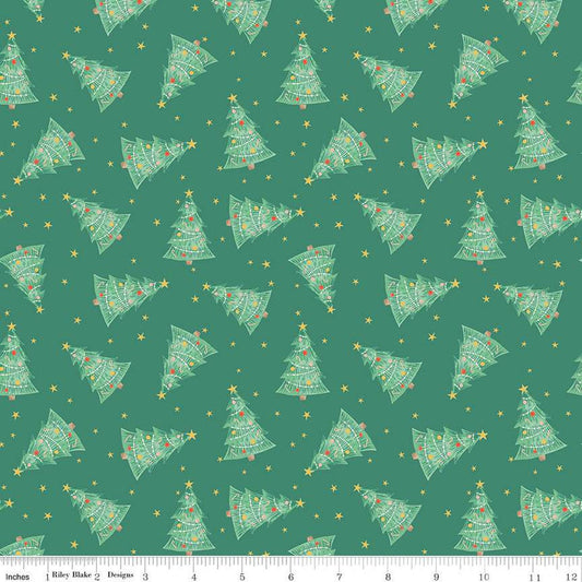 11" End of Bolt Piece - Holiday Cheer Trees C13612 Green - Riley Blake Designs - Christmas Trees Stars - Quilting Cotton Fabric