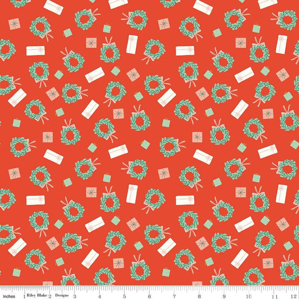 SALE Holiday Cheer Wreaths C13614 Red - Riley Blake Designs - Christmas Wreaths Presents - Quilting Cotton Fabric