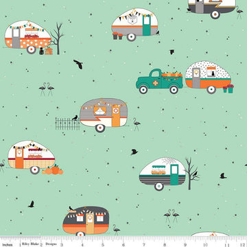SALE Haunted Adventure Main C13110 Caribbean - Riley Blake Designs - Halloween Camping Trailers - Quilting Cotton Fabric