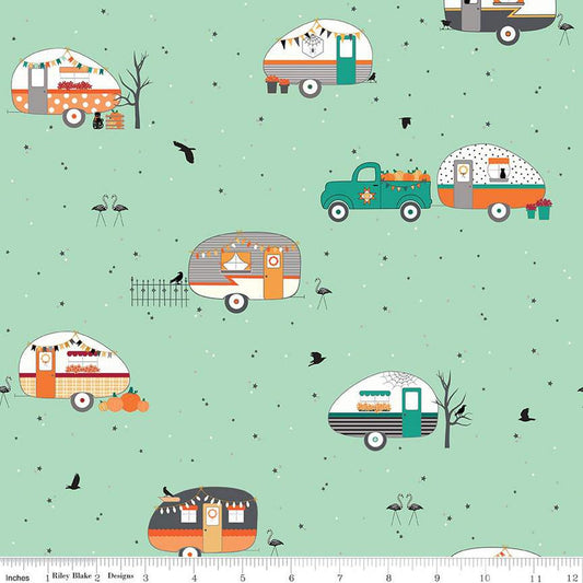 DEAL Haunted Adventure Main C13110 Caribbean - Riley Blake Designs - Halloween Camping Trailers - Quilting Cotton Fabric
