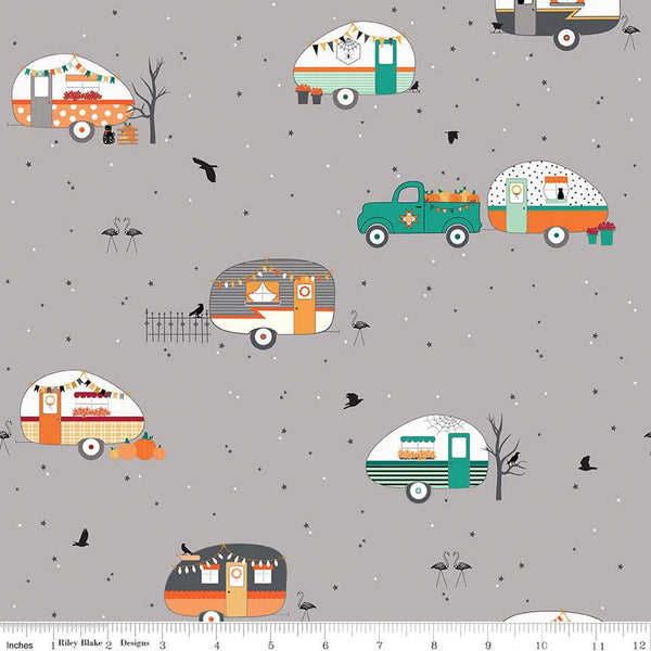 Haunted Adventure Main C13110 Gray - Riley Blake Designs - Halloween Camping Trailers - Quilting Cotton Fabric