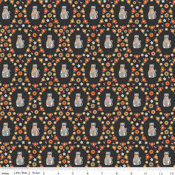 SALE Haunted Adventure Spooky Kitties C13112 Charcoal - Riley Blake Designs - Halloween Cats Cat Kittens Flowers - Quilting Cotton Fabric