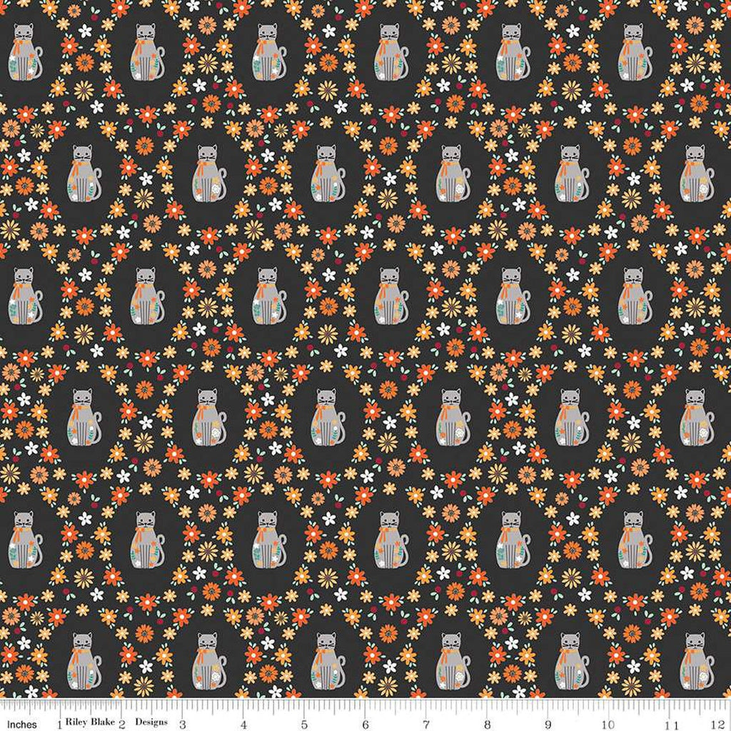 SALE Haunted Adventure Spooky Kitties C13112 Charcoal - Riley Blake Designs - Halloween Cats Cat Kittens Flowers - Quilting Cotton Fabric