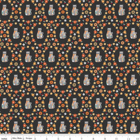 SALE Haunted Adventure Spooky Kitties C13112 Charcoal - Riley Blake Designs - Halloween Cats Cat Kittens Flowers - Quilting Cotton Fabric