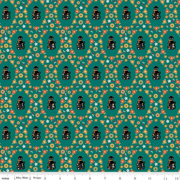 Haunted Adventure Spooky Kitties C13112 Jade - Riley Blake Designs - Halloween Cats Cat Kittens Flowers - Quilting Cotton Fabric