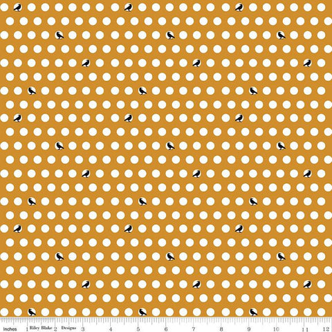 SALE Haunted Adventure Dots and Crows C13113 Butterscotch - Riley Blake Designs - Halloween Birds White Polka Dots - Quilting Cotton Fabric