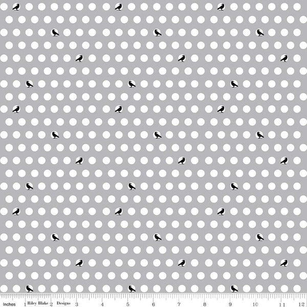 Haunted Adventure Dots and Crows C13113 Gray - Riley Blake Designs - Halloween Birds White Polka Dots - Quilting Cotton Fabric