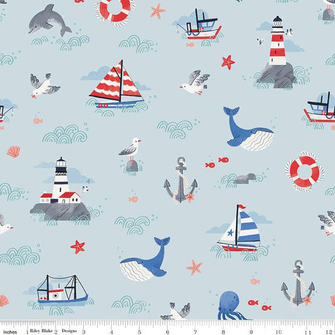 Lost at Sea Main C13400 Arctic - Riley Blake Designs - Nautical Boats Lighthouses Fish Whales Anchors Gulls - Quilting Cotton Fabric