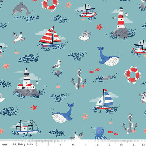 Lost at Sea Main C13400 Seafoam - Riley Blake Designs - Nautical Boats Lighthouses Fish Whales Anchors Gulls - Quilting Cotton Fabric