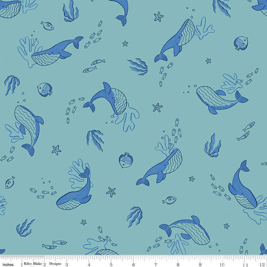 19" End of Bolt - Lost at Sea Whales C13402 Seafoam - Riley Blake Designs - Sea Life Fish - Quilting Cotton Fabric