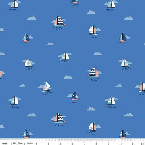 Lost at Sea Set Sail C13403 Azure - Riley Blake Designs - Nautical Sailboats Boats  - Quilting Cotton Fabric