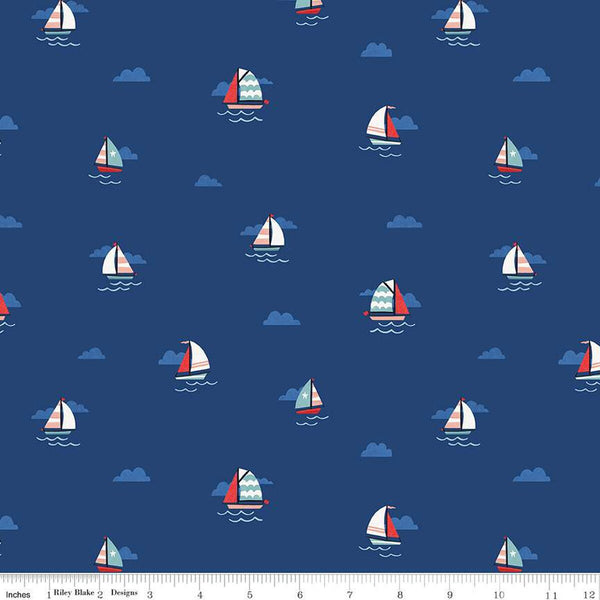 Lost at Sea Set Sail C13403 Navy - Riley Blake Designs - Nautical Sailboats Boats - Quilting Cotton Fabric