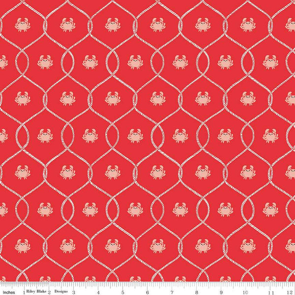 18" End of Bolt - CLEARANCE Lost at Sea Happy Crabs C13404 Poppy - Riley Blake  - Nautical Medallions Rope Lines  - Quilting Cotton