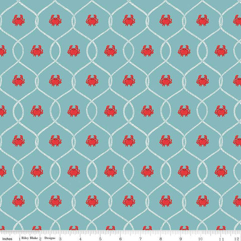 SALE Lost at Sea Happy Crabs C13404 Seafoam - Riley Blake Designs - Nautical Medallions Rope Lines  - Quilting Cotton Fabric