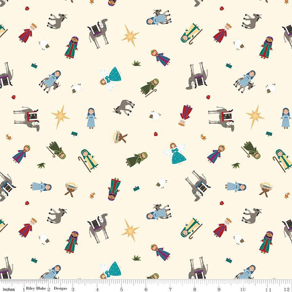 Silent Night Story Characters SC13571 Ivory SPARKLE - Riley Blake Designs - Christmas Nativity Gold SPARKLE - Quilting Cotton Fabric