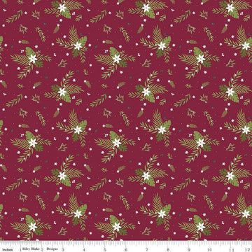 11" End of Bolt - Silent Night Olive Branch SC13572 Berry SPARKLE - Riley Blake - Flowers Leaves Gold SPARKLE - Quilting Cotton Fabric