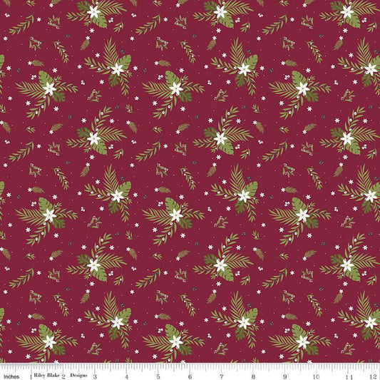 9" End of Bolt -SALE  Silent Night Olive Branch Berry SPARKLE Red Christmas Fabric - Riley Blake Quilting Cotton