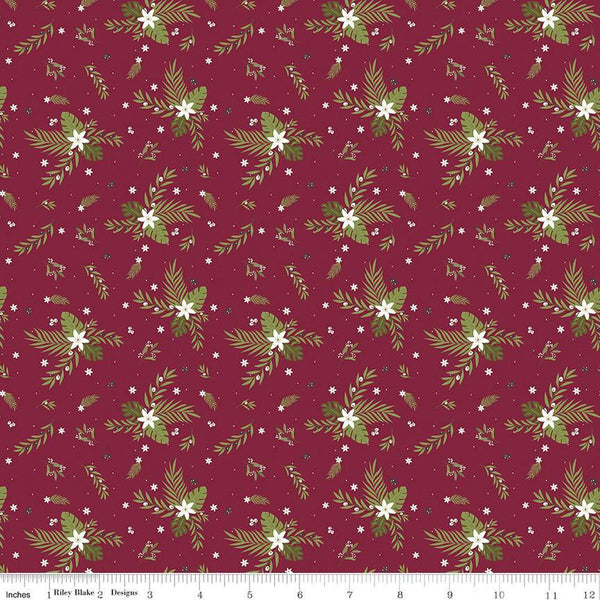 Silent Night Olive Branch SC13572 Berry SPARKLE - Riley Blake Designs - Christmas Flowers Leaves Gold SPARKLE - Quilting Cotton Fabric