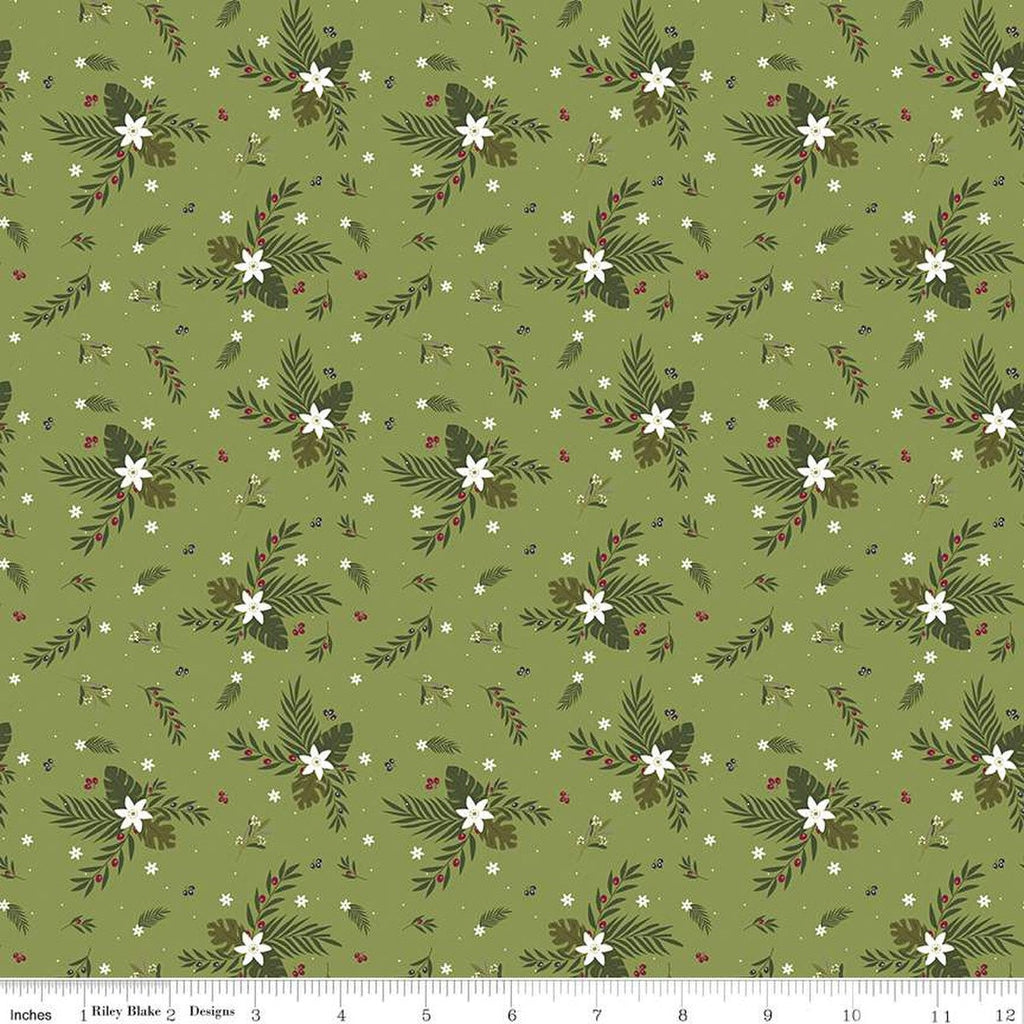 Silent Night Olive Branch SC13572 Olive SPARKLE - Riley Blake Designs - Christmas Flowers Leaves Gold SPARKLE - Quilting Cotton Fabric