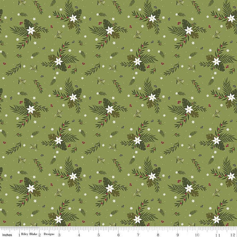 Silent Night Olive Branch SC13572 Olive SPARKLE - Riley Blake Designs - Christmas Flowers Leaves Gold SPARKLE - Quilting Cotton Fabric