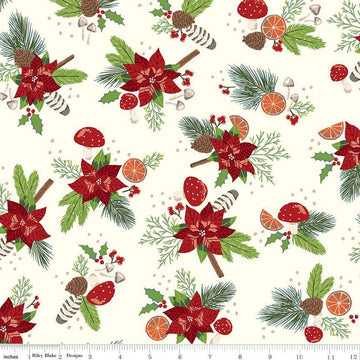 SALE Yuletide Forest Main C13540 Cream - Riley Blake Designs - Christmas Pine Needles Cones Poinsettias Holly - Quilting Cotton Fabric