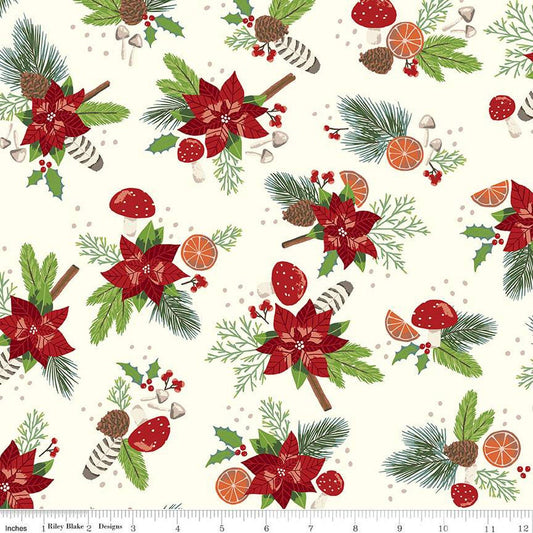 SALE Yuletide Forest Main C13540 Cream - Riley Blake Designs - Christmas Pine Needles Cones Poinsettias Holly - Quilting Cotton Fabric