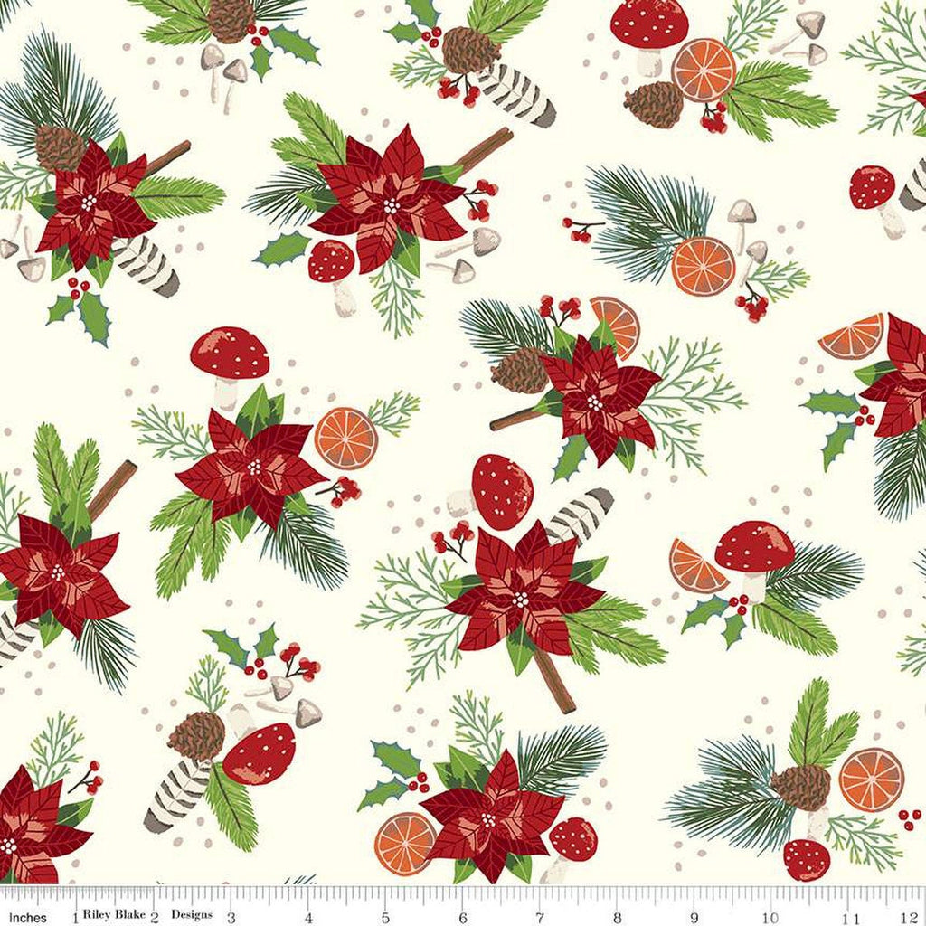 SALE Yuletide Forest Main C13540 Cream - Riley Blake Designs - Christmas Pine Needles Cones Poinsettias Holly - Quilting Cotton Fabric