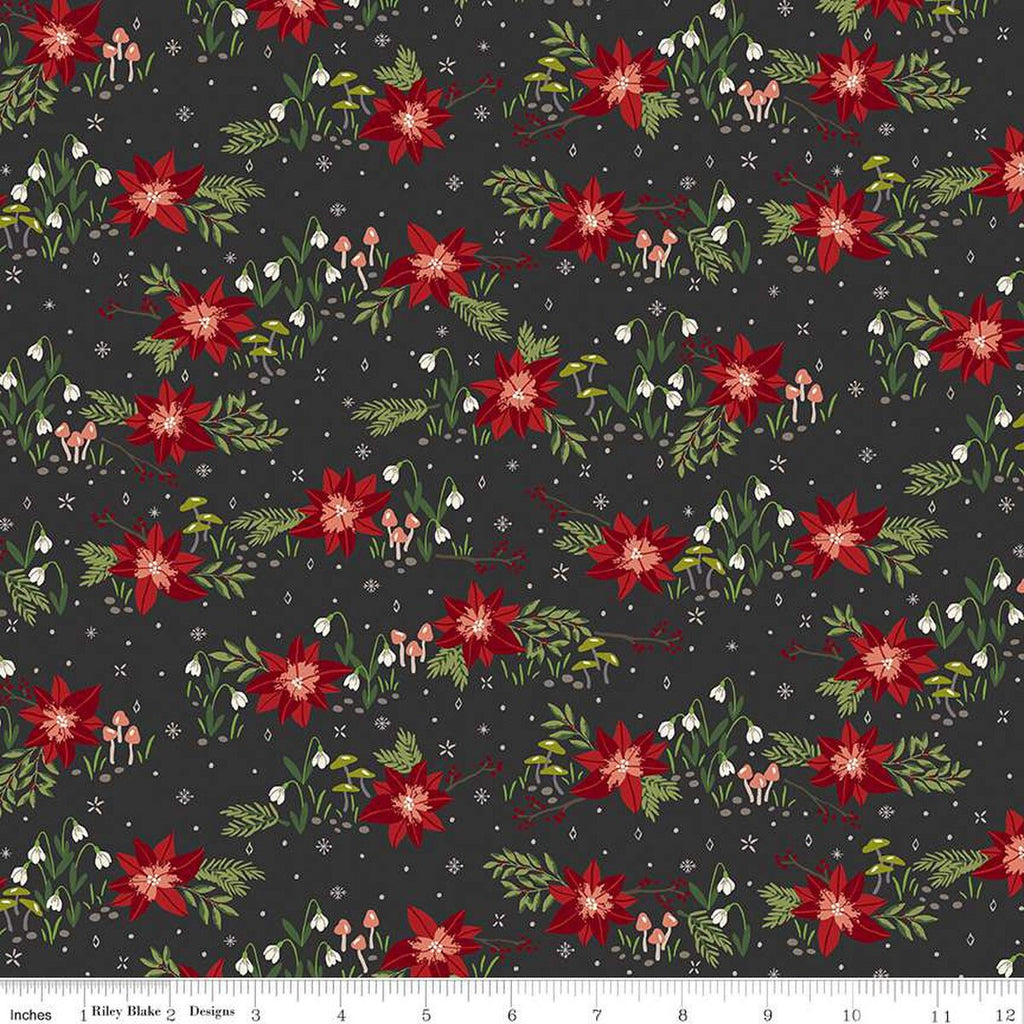 SALE Yuletide Forest Floral C13541 Charcoal - Riley Blake Designs - Christmas Flowers Poinsettias Mushrooms - Quilting Cotton Fabric
