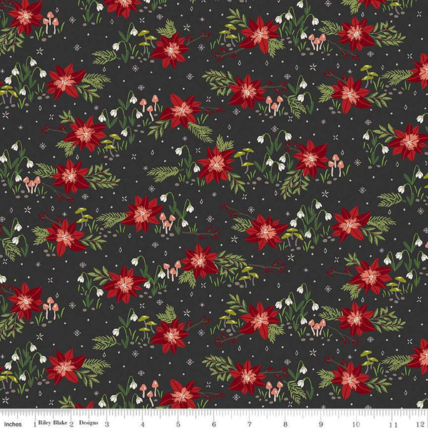 SALE Yuletide Forest Floral C13541 Charcoal - Riley Blake Designs - Christmas Flowers Poinsettias Mushrooms - Quilting Cotton Fabric