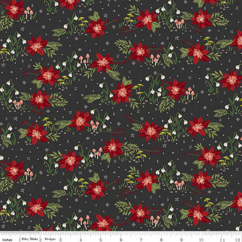 Yuletide Forest Floral C13541 Charcoal - Riley Blake Designs - Christmas Flowers Poinsettias Mushrooms - Quilting Cotton Fabric