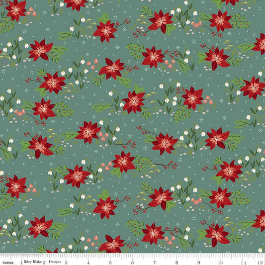 SALE Yuletide Forest Floral C13541 Sage - Riley Blake Designs - Christmas Flowers Poinsettias Mushrooms - Quilting Cotton Fabric