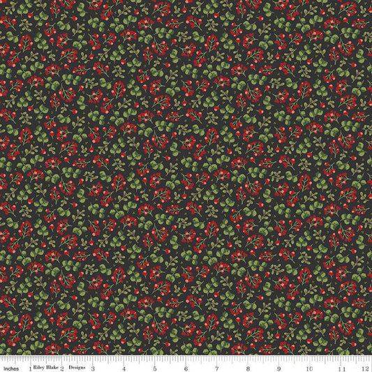SALE Yuletide Forest Berry Sprigs C13543 Charcoal - Riley Blake Designs - Christmas Leaves Berries - Quilting Cotton Fabric