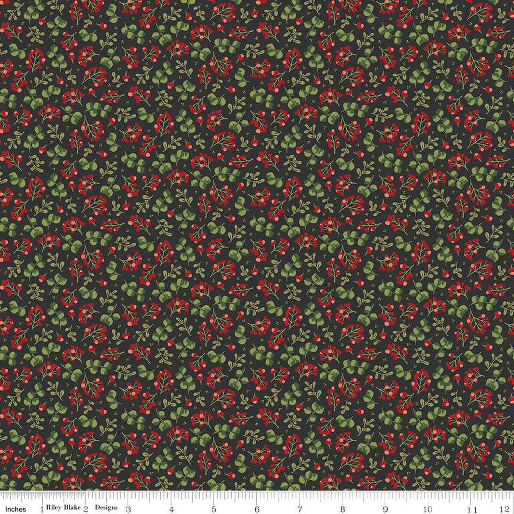 SALE Yuletide Forest Berry Sprigs C13543 Charcoal - Riley Blake Designs - Christmas Leaves Berries - Quilting Cotton Fabric