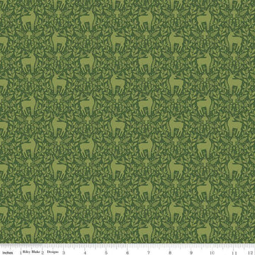 Yuletide Forest Deer Damask C13544 Green - Riley Blake Designs - Christmas Leaves Deer Mushrooms Dots - Quilting Cotton Fabric